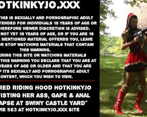 Sexy Red Riding Hood Hotkinkyjo self fisting her ass, gape & anal prolapse at Swiny Castle yard