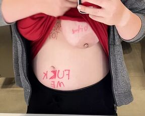 Sexy Chubby BBW Flashes her Bound Nipples With Body Writing in Public Restroom!