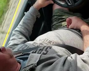 Bear jerks and cums in moving car