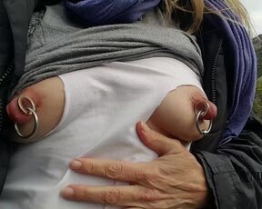 nippleringlver flashing pierced tits stretched nipple piercings outdoors in public forest