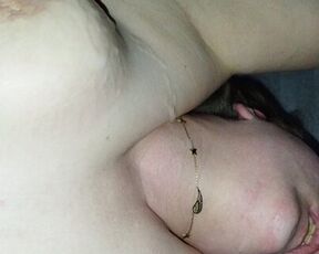 Cum in her throat and on her natural big tits