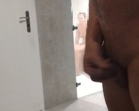 dickflash in the sauna shows the dick to the woman in the sauna she can't stand it anymore and plays with the dick